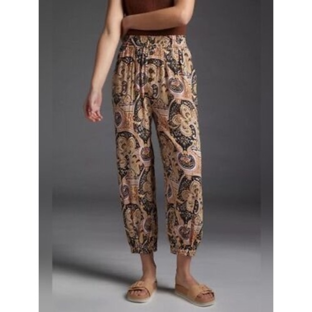 Anthropologie Paisley Boho Harem Pants Smocked Waist Joggers Orange Black Large